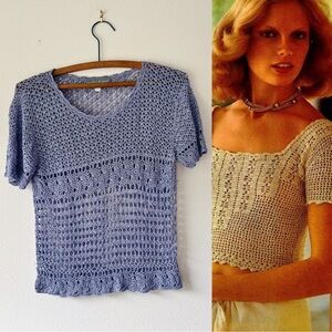 Vintage Carol Anderson‎ blue crochet shirt sleeve top size S